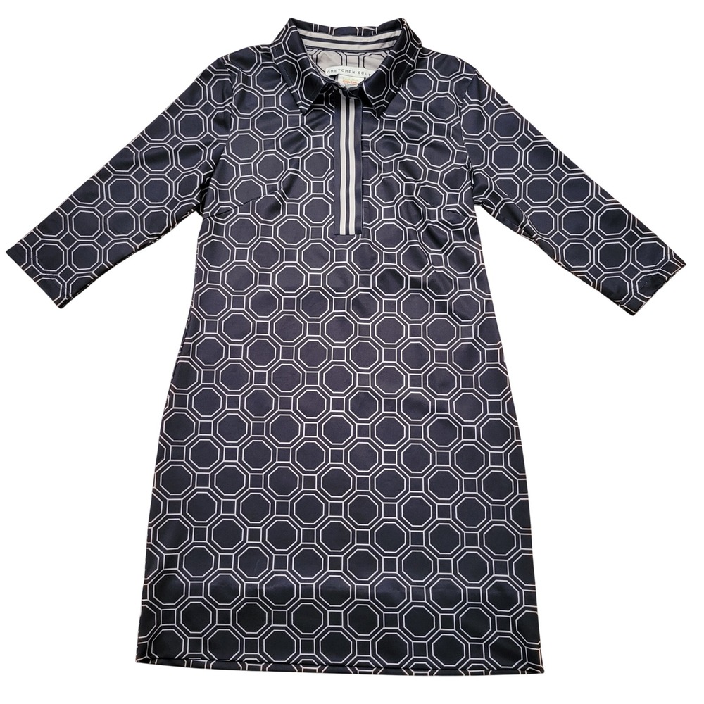 Gretchen Scott Geometric Collar Shift M Everywhere Dress Travel Black Gray Cream